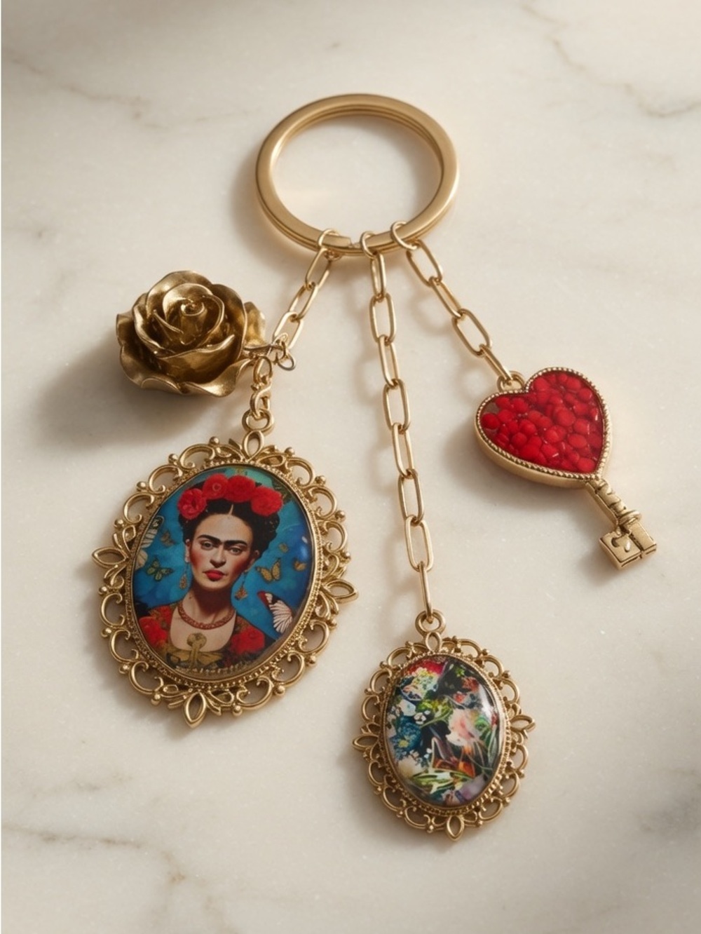 Frida Kahlo Gold BAG PURSE CHARM RED FLOWER FRAME KEY VINTAG